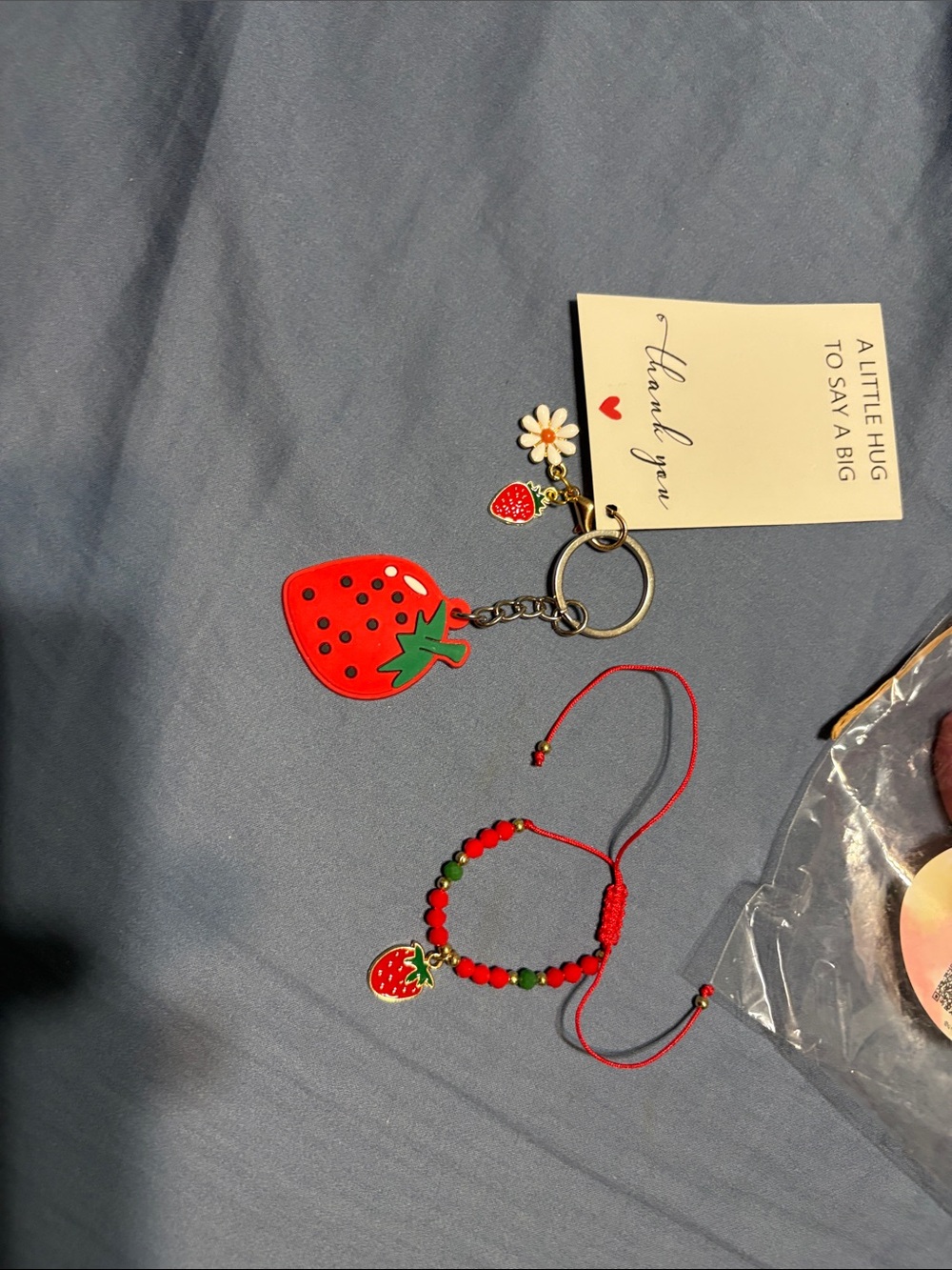 Strawberry Keychain Charm with bracelet and 3 strawberry mini goat milk soaps - Picture 8 of 17